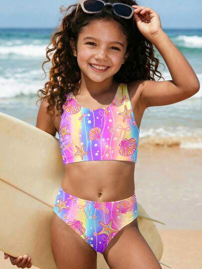 Tween Girls' Casual Minimalist Colorful Rainbow, Ocean, Starfish, Shell & Pearl Print Tankini Swimsuit Set, Suitable For Summer