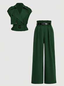 SHEIN MOD Women's Solid Color Lapel NeckDouble-Breasted Jacket And Wide-Leg Pants Elegant Suit Set - Dark Green - View 3