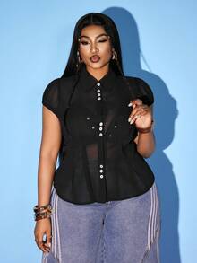 Maweii Blusa ligera y transparente con botones, cintura ceñida y mangas cortas plisadas - Negro - Ver 2