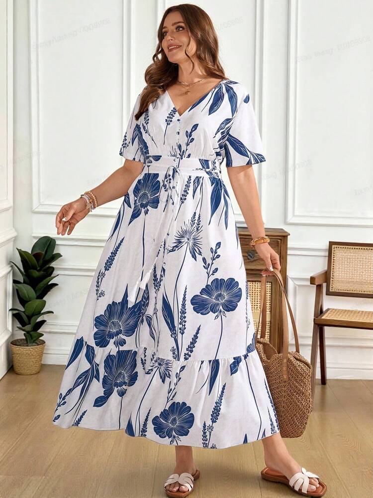 Plus Size Women's Summer Casual Vacation Country Floral Print V-Neck Short Sleeve Maxi Dress, Spring/Summer,Summer/Vacation,Summer Holiday,Spring Break Outfits ,Vacation Outfits Women ,Holiday Outfits For Women,Going Out Outfits,2026 New Clothes,Simple And Fashionable For Everyday Wear,Suitable For Summer, Vacation, Daily Wear,Suitable For Summer, Vacation, Daily Wear,Dresses For Women,Flowy Dress ,Beach Outfits For Women,Casual Vacation Boho Dress,Summer Dresses, Country Women's Summer Dresses,Casual Dresses For Women,Nautical Dresses For Women,Country Concert Outfit ,Ruffle Dress, Beach Outfit For Women Dress