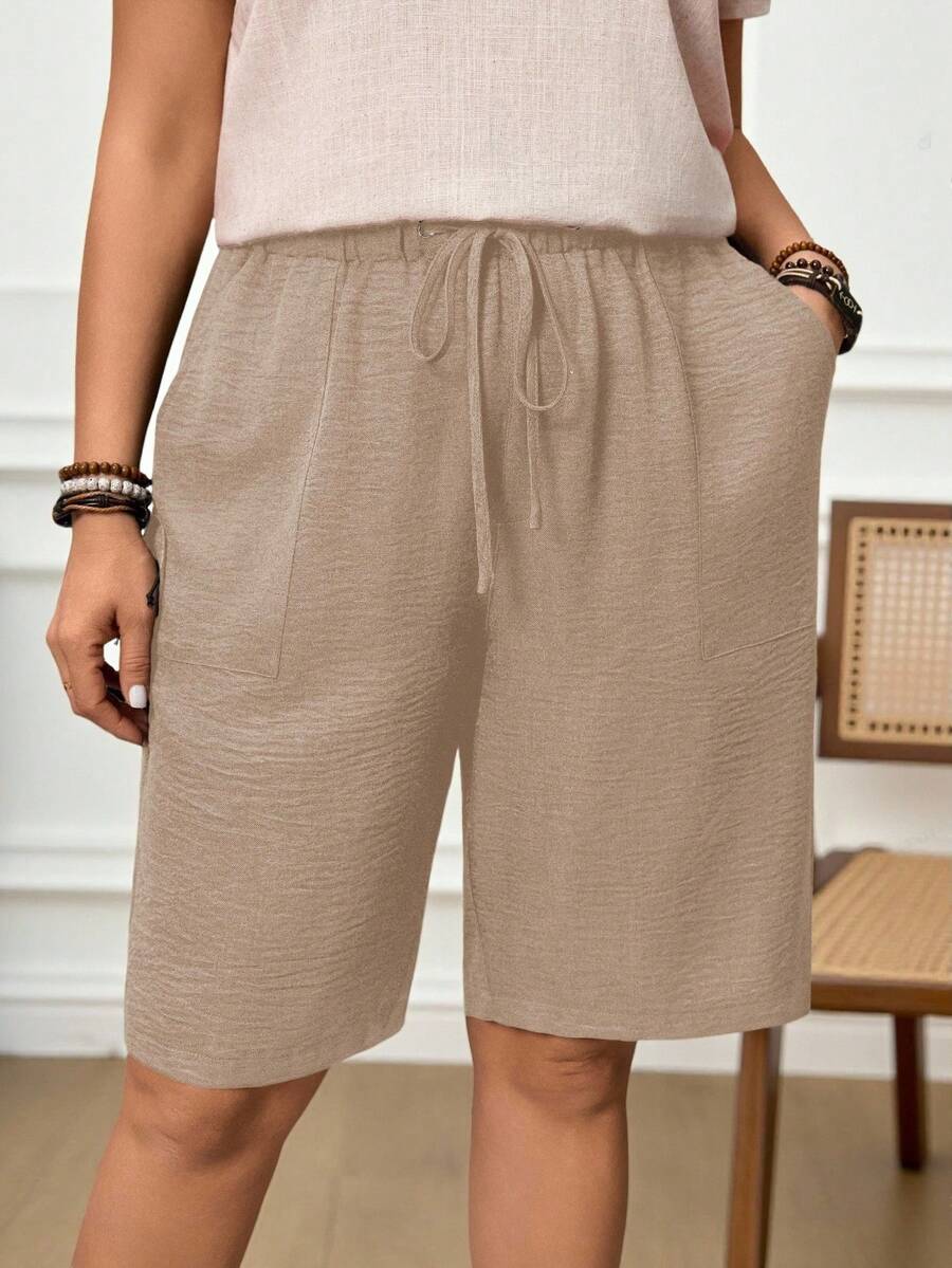Rosumi Plus Size Casual Solid Color Drawstring Waist Shorts