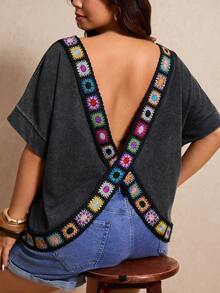 Elaquor Camiseta holgada de cuello redondo con bloques de color en estilo retro, talla grande, para verano - Negro - Ver 8