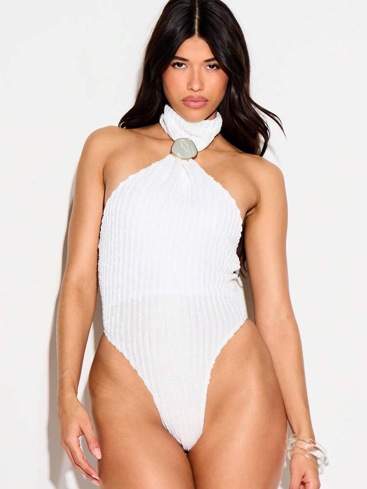 KIZN Women White Halter Neck Ring Detail Textured Bodysuit Sleeveless Form Fitting One Piece Top Summer Beach Party Outfit