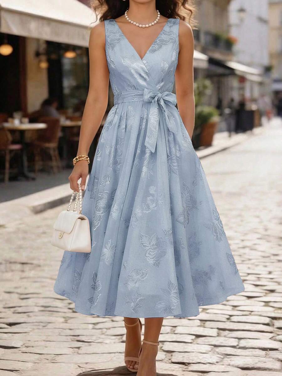 EMERY ROSE V-Neck Elegant Romantic Chiffon Floral Print Dress, Suitable For Vacation And Work, Fashion High-End French Style - Blue - View 1