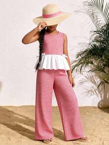 SHEIN 2pcs/Set Tween Girls Sleeveless Shirt With Bow Buttons & Plaid Patchwork + Long Pants, Spring/Summer - Red - View 9