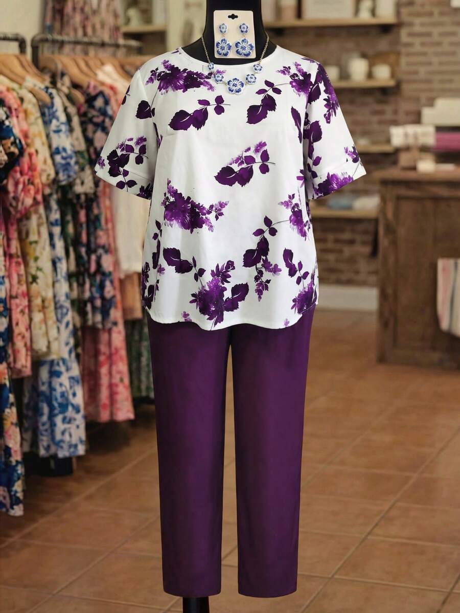 Linhara Women's Plus Size Floral Print Round Neck Short Sleeve Top And Elastic Waist Crossover Hem Pants Set, For Summer - Purple - View 1
