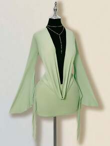 SHEIN ICON Đầm ngắn gợi cảm, rộng thùng thình, cổ khoét sâu, phối lưới, hở lưng. - Màu xanh Bạc hà - Xem 5