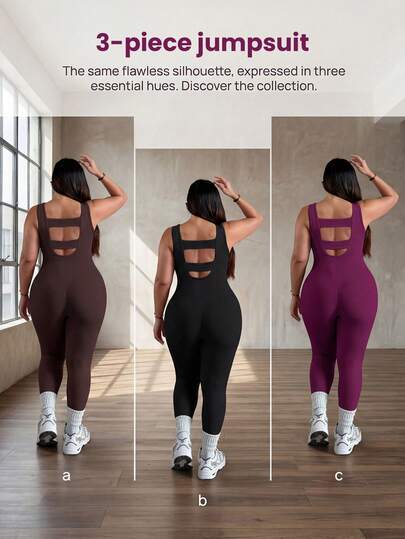 Rhythm Era 3件套加大码女式黑色、深咖啡色、紫红色时尚露背连体裤，舒适弹力无缝针织瑜伽健身连体裤