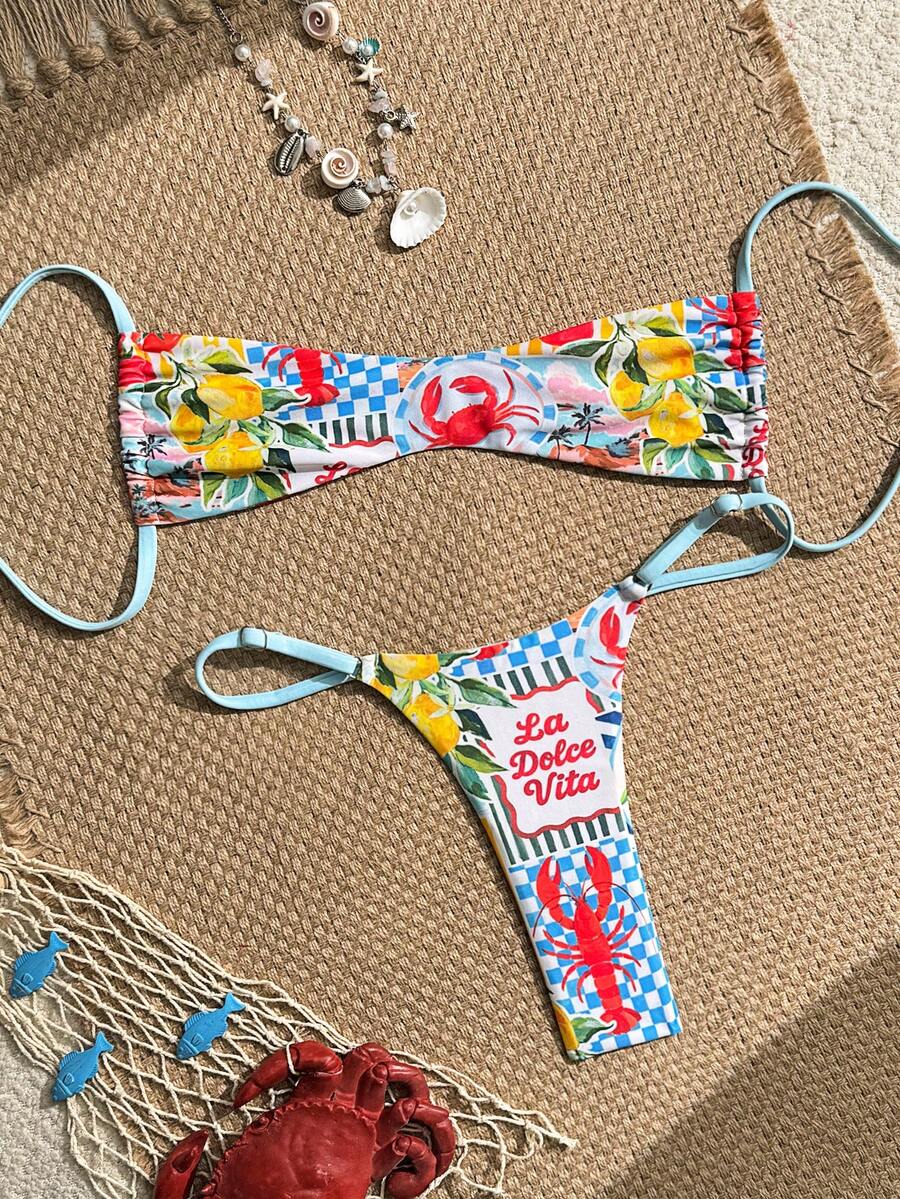 SHEIN Glamour 2026新款春夏女士两件式泳衣，随机印花沙滩度假优雅休闲泳装套装 - 彩色 - 查看 1