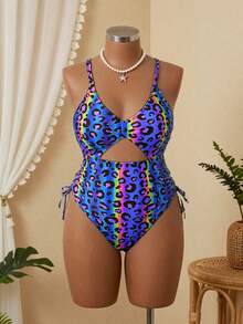 Slaydiva 2025 Plus Size Women Leopard Print Ruched Cut-Out One-Piece Swimsuit Summer - Multicolor - View 8