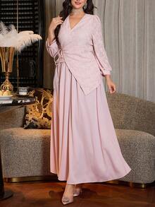 Modelyn 春夏时尚提花交叉系带不对称上衣和喇叭形中长连衣裙套装 - 粉色 - 查看 7