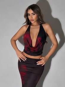 SHEIN ICON Bộ đồ 2 món mùa hè dành cho nữ, thích hợp cho các lễ hội, tiệc bãi biển, đi chơi, gợi cảm, quyến rũ với họa tiết hoa, gồm áo cổ xếp ly hở lưng và chân váy đuôi cá. - màu đen - Xem 5