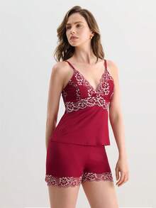 Hourtrue Floral Embroidery Cami Top & Shorts PJ Set / Pajama Set - Burgundy - View 7