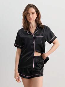 Hourtrue Contrast Piping Blouse & Bow Front Shorts PJ Set / Pajama Set Bow Tie - Black - View 6