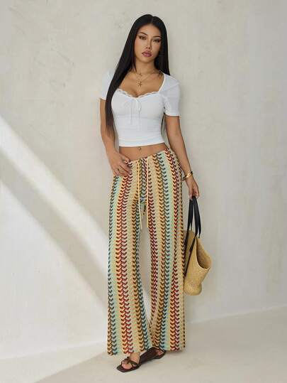 SHEIN PETITE 女士度假风抽绳腰带印花宽松阔腿休闲裤，秋季款