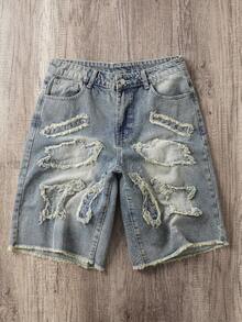 Manfinity Joysei Men's Casual Street Style Distressed Embroidered Denim Shorts - Light Wash - View 1