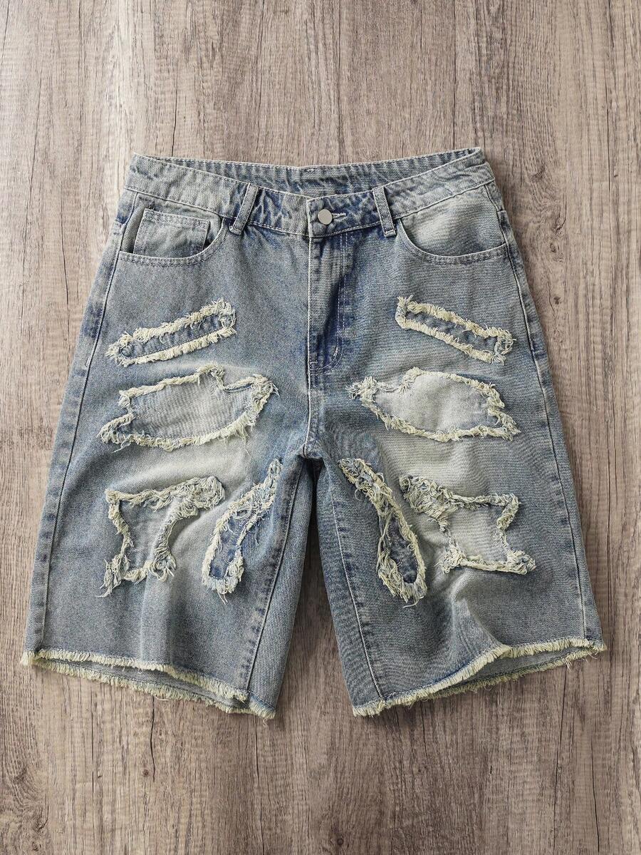 Manfinity Joysei Men's Casual Street Style Distressed Embroidered Denim Shorts - Light Wash - View 1