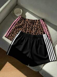 Comfortcana 2pcs Women's Casual Leopard Print Color Block Brown Black Loose Knit Patchwork Plus Size Shorts,Summer Hiking Beach Vacation Bohemian Style Shorts - Multicolor - View 6