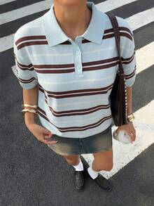 Muchica 女款藍白條紋針織短袖上衣，夏季90年代復古半開襟鈕扣 Polo 衫，返校休閒風 - 藍色 - 查看 5