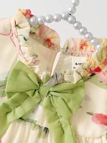 SHEIN Baby Girls' Fashionable Casual Floral Print Bow Decor Cake Dress, Suitable For Spring, Summer, Autumn, Home, Vacation, Holiday, Party, Daily Wear - Multicolor - View 6