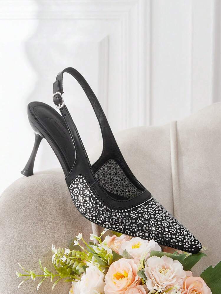 CUCCOO HITCHD Women's Spring/Summer New Mesh Rhinestone Decor Square Toe Ankle Strap High Heel Dress Shoes, Romantic Elegant Black Formal Shoes For Wedding, Valentine's Day