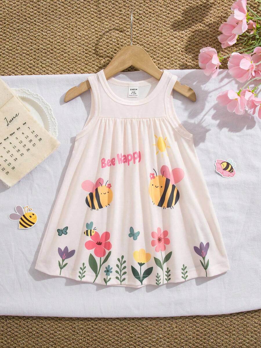 SHEIN Đầm không tay họa tiết ong dễ thương cho bé gái, mẫu thời trang mới mùa xuân/hè. - Hồng - Xem 1