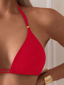Swim Basics 女款夏季海灘純色掛脖綁帶性感比基尼三角褲兩件式泳衣套裝 - 彩色 - 查看 4