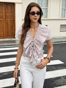 Serisse Khaki & White Plaid V-Neck Ruffle Trim Blouse - Multicolor - View 3