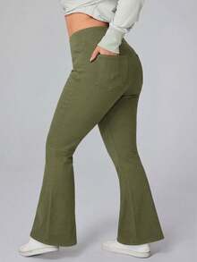 Flexra Plus Size Women's Solid Color Pocket Elastic Waist Casual Flare Jeans, Minimalist Everyday Wear - Green - View 2