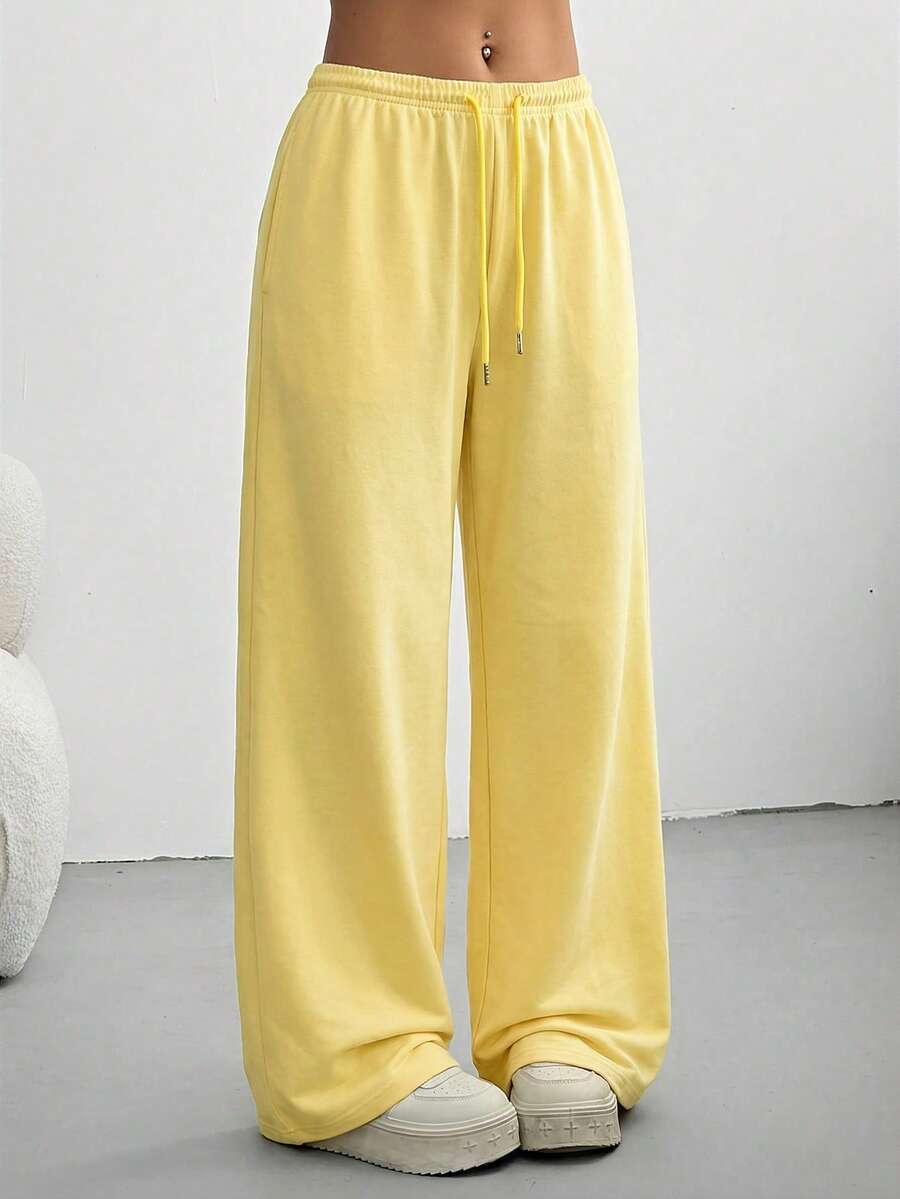 CovetEZ 女士夏季休闲宽松前系带运动裤，适合日常穿着、毕业季、返校季、毕业典礼、女教师服装 - 鵝黃色 - 查看 1