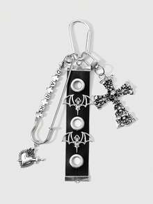 ROMWE 2 Y2k Retro Unique Personalized Heavy Industry Punk Dark Wind Goth Black Glossy Leather Metal Air Eye Hole Eye Wrist Strap Ancient Silver Demon Bat Wings Square Letters "Dark" Pin One Arrow Through The Heart Hollow Star Ring Dripping Oil Thorns Rose Love Uneven Skull Cross DIY Keychain Bag Pendant Pendant, Combination Set, Suitable For Women, Girls, Sisters, Girlfriends, Couples Daily Wear, Holiday Gifts - Black - View 5