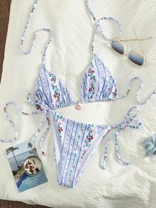 Swim Mod Nuevo bikini de estilo floral del campo francés para el verano, traje de baño de dos piezas sexy con cuello de halter y lazos - Multicolor - Ver 4