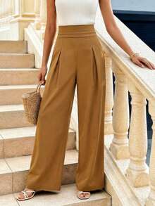 Pariaura 优雅通勤高腰阔腿裤 - 前褶后松紧腰垂褶设计，拉长腿部线条，春夏百搭长裤；简约百搭高腰阔腿裤 - 垂褶设计，松紧腰，春夏日常休闲长裤；时尚修身高腰阔腿裤 - 垂褶阔腿廓形，褶皱松紧腰，春夏时尚长裤 - 咖啡棕 - 查看 6