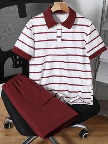 Mirajuku 男童休闲条纹polo衫和红色梭织短裤两件套，适合春夏户外活动 - 酒紅色 - 查看 6