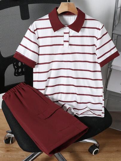 Mirajuku 2 piezas Conjunto de camisa polo a rayas casual y pantalones cortos rojos tejidos para niños, adecuado para actividades al aire libre de primavera/verano