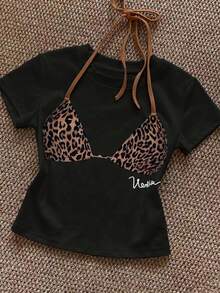 SHEIN Camiseta de cuello redondo de manga corta con ajuste regular - Negro - Ver 3