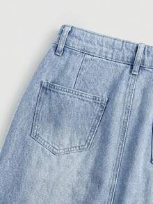 SHEIN Girlism 青少年女孩刺繡愛心藍色牛仔裙，春夏季休閒度假鄉村波希米亞風穿搭，女孩海灘裝，女孩西式街頭風，春假、電音節度假穿搭 - 藍色 - 查看 4