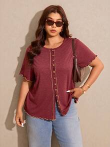 Elaquor Camiseta casual holgada de mujer talla grande con cuello redondo y manga corta de un solo abotonado - Burdeos - Ver 6