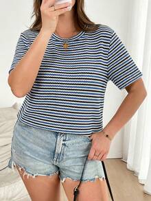 CosyJoli Camiseta de verano casual de cuello redondo y manga corta con estampado de rayas para mujer de talla grande - Azul - Ver 3