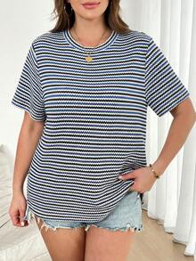 CosyJoli Camiseta de verano casual de cuello redondo y manga corta con estampado de rayas para mujer de talla grande - Azul - Ver 6