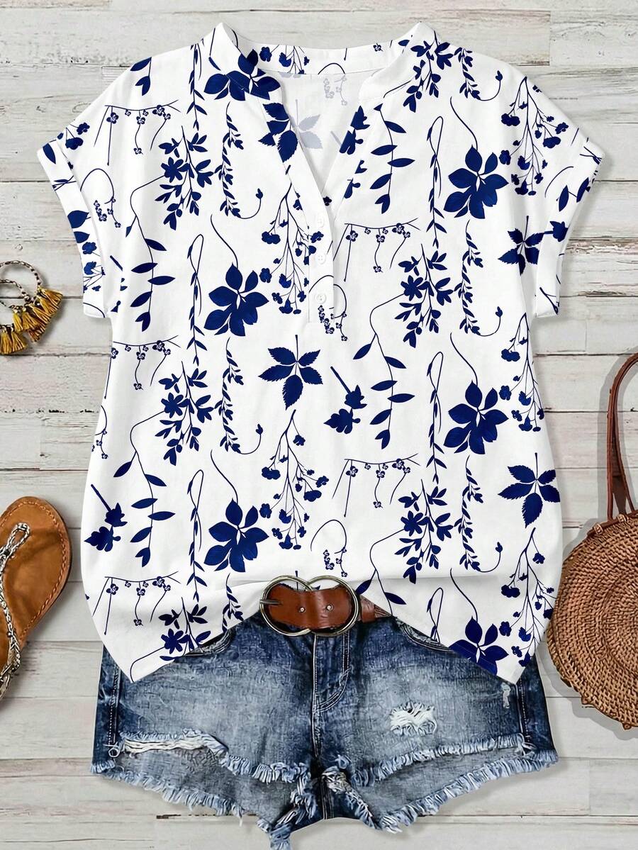 EMERY ROSE Kemeja Wanita Lengan Pendek Kasual Kerah Berlekuk Motif Bunga, Musim Semi/Panas, Atasan Musim Panas - MultiWarna - View 1