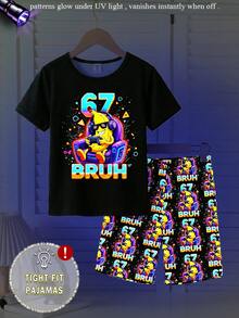 两件套青少年男童黑色圆领短袖上衣，印有 67BRUH 字样，搭配荧光图案短裤，弹力针织面料，舒适贴身睡衣套装 - 黑色 - 查看 3