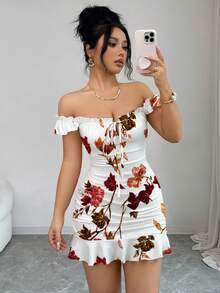 Selianne Vintage Style Printed Off-Shoulder Ruffle Hem Cami Dress, Fitted A-Line Dress - Black and White - View 5