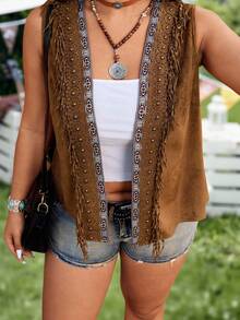 Ceyna Plus Size Women's Casual Vacation Nomadic Vintage Solid Color Suede Fleece Sleeveless Tank Top, Spring/Summer Earthy Clothes Women Cowgirl Vest Brown Cover Up Brown Cardigan Brown Vest Cowgirl Vest For Women Western Vest For Women Women's Western Outfits Boho Chic Women's Clothing Boho Outfits For Women - Camel - View 5