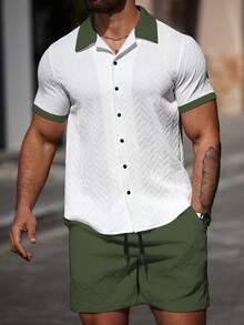 Manfinity CasualCool Bộ 2 món đồ nam mùa hè, kiểu dáng thường ngày, gồm áo sơ mi cài cúc phía trước và quần short, phối viền tương phản. - Nhiều màu - Xem 5