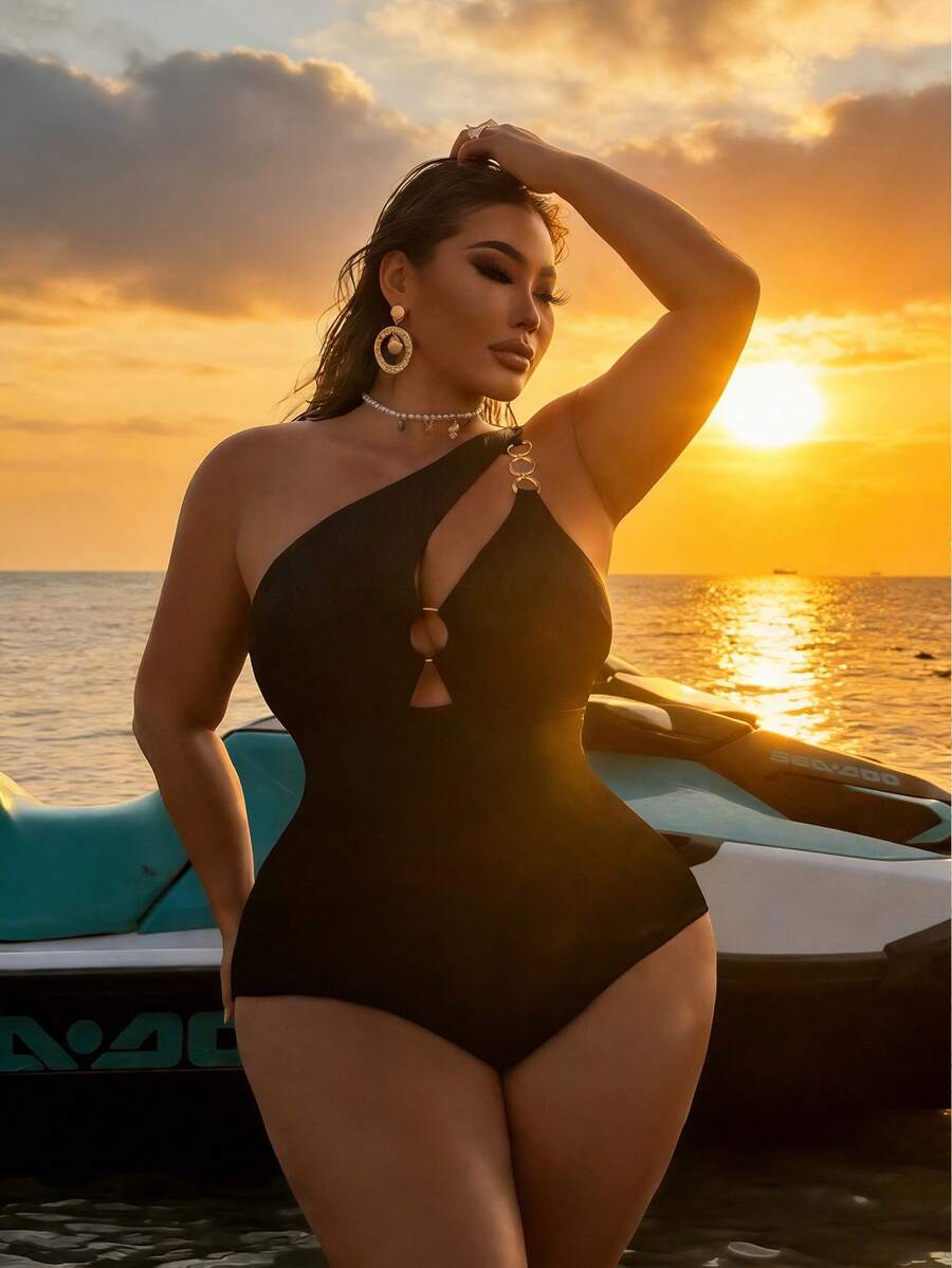 Swim SXY Bộ đồ bơi một mảnh hở lưng gợi cảm dành cho nữ cỡ lớn mùa xuân hè 2026, thiết kế khoét rỗng bằng kim loại, thích hợp cho tiệc bãi biển. - màu đen - Xem 1