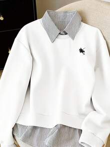 Resyla Sudadera de manga larga de uso diario versátil y casual con diseño de parche y rayas de estilo caballero para mujer - Blanco - Ver 3
