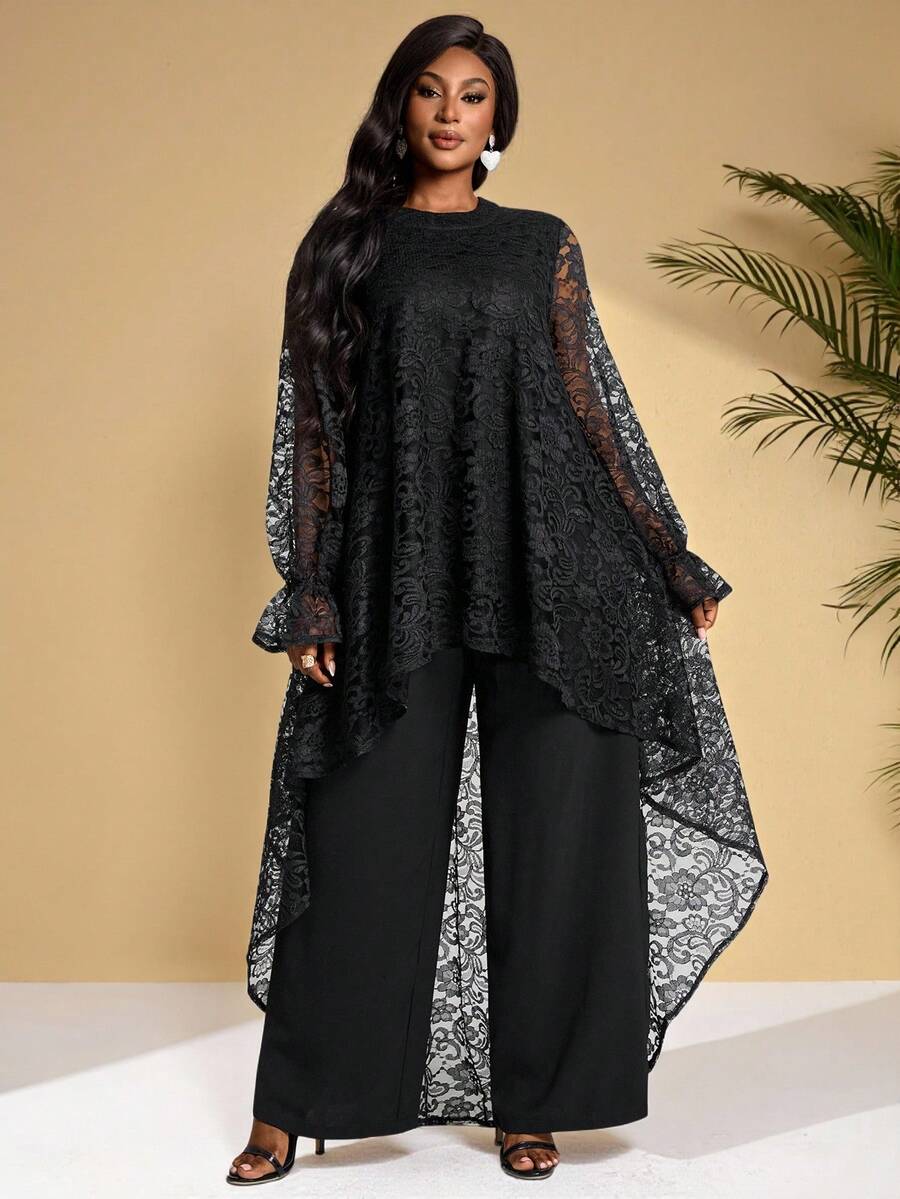 BrightlyHer 大码休闲宽松长袖不对称下摆上衣和裤子两件套