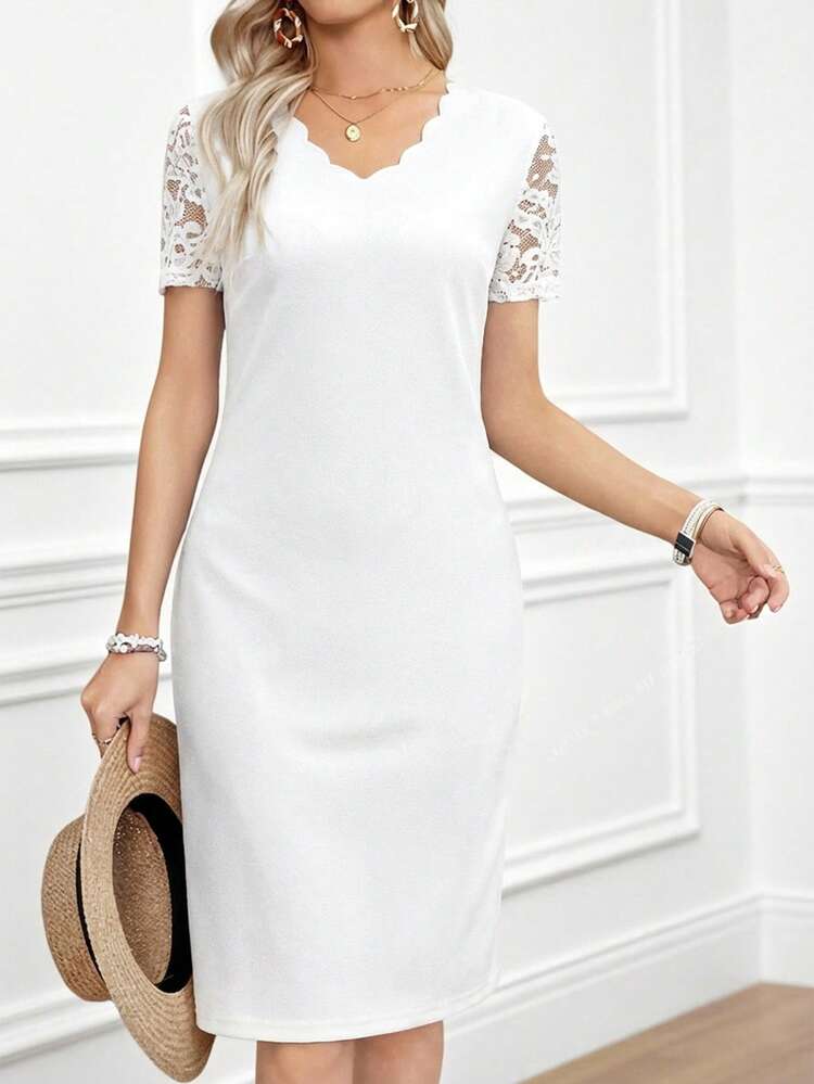 Plus Size Women's Elegant Short Sleeve Lace Patchwork Dress, Summer