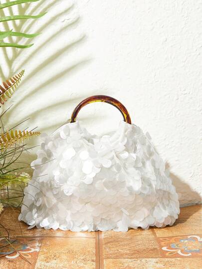 MUSERA Túi xách nữ quai cầm phía trên, hình tròn giả vỏ sò đính sequin, thời trang, thanh lịch, đơn giản, cá tính, đa năng, cổ điển, thích hợp đi làm, công sở, hẹn hò, hàng ngày, mua sắm, uống trà chiều, đi biển, du lịch, nghỉ lễ, mùa hè, ven biển (Mẫu ngẫu nhiên).